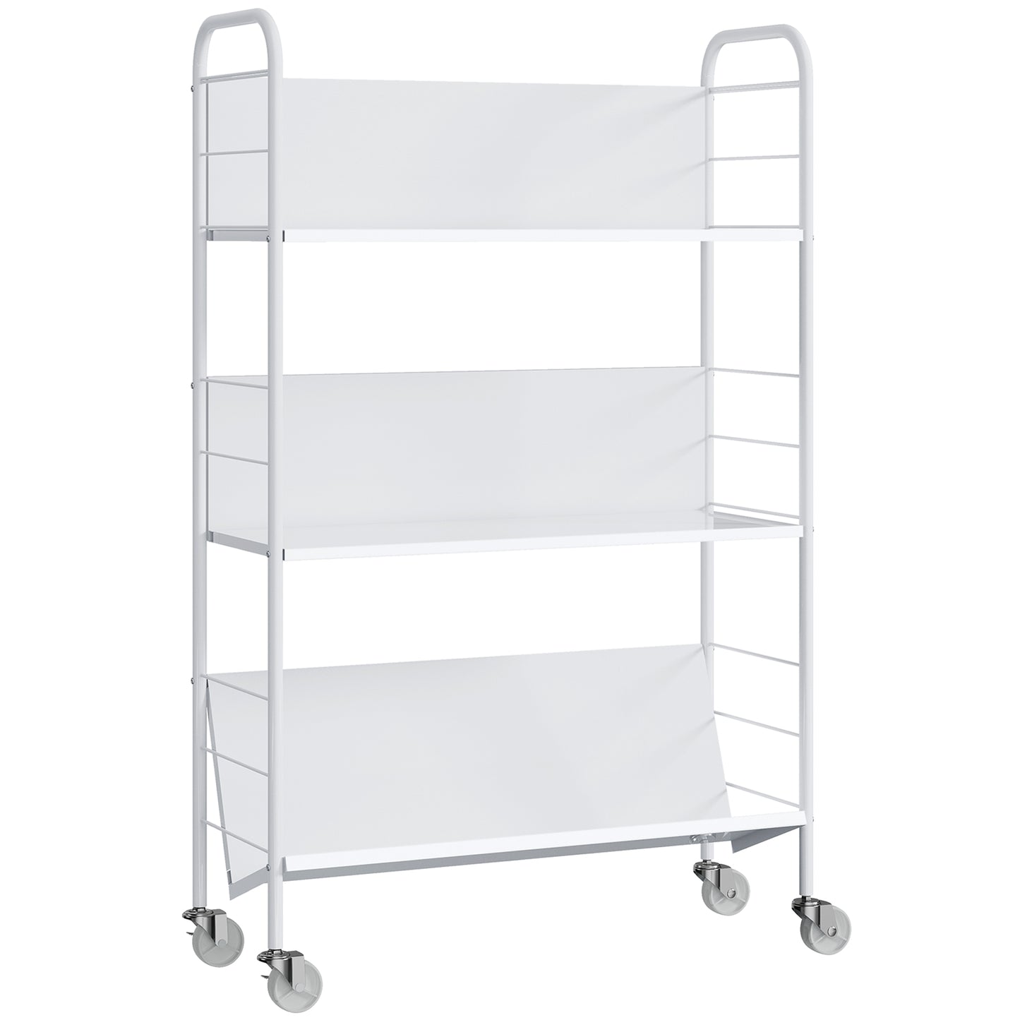 Cărucior Modern pentru Cărți cu 3 Nivele și Roți Pivotante pentru Cărți și Reviste, 69x26x108 cm, Alb