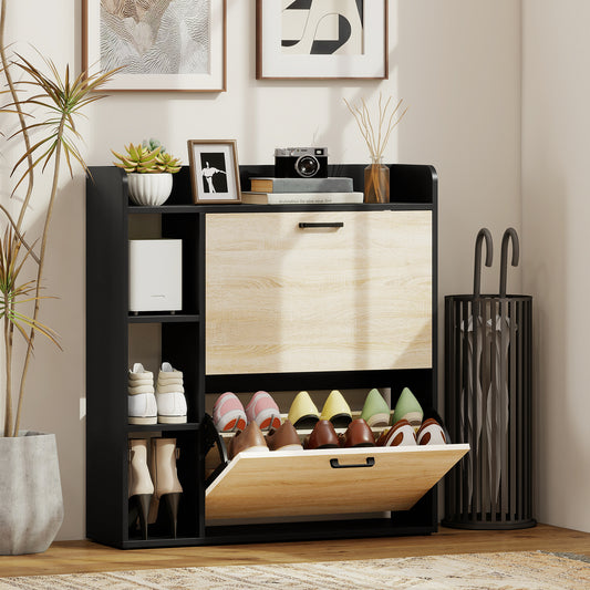 Scarpieră Slim cu 2 Sertare Rabatabile și 3 Compartimente Deschise, Capacitate 15 Pantofi, 83x24x90.5 cm, Negru