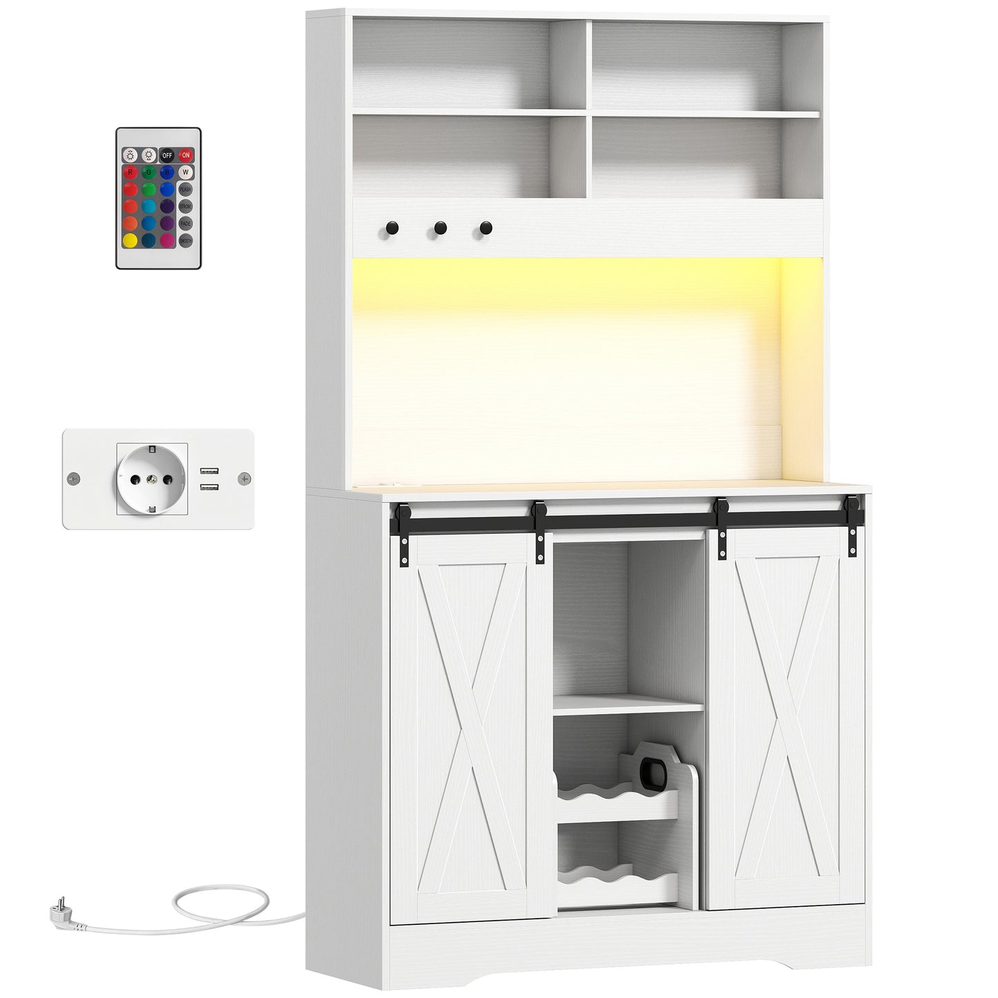Bufet Bucătărie cu Prize Electrice, Lumină LED, Suport pentru Sticle și Uși Glisante, 100x38x180 cm, Alb