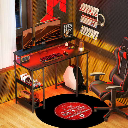 Birou Reversibil pentru PC cu Prize Electrice, Lumini, Suport Monitor și Raft, 120x50 cm, Negru