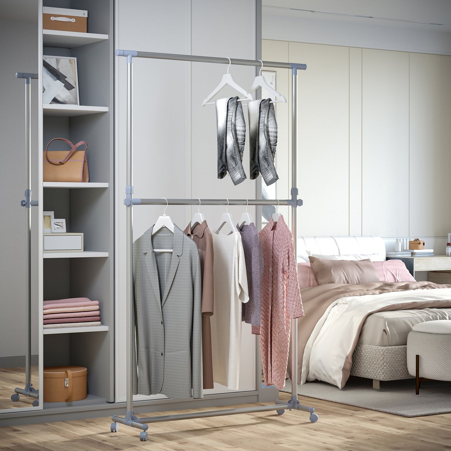 Cuier pentru haine cu inaltime si extensie reglabile, 165 x 48 x 180 cm, Inox / ABS, Argintiu / Gri