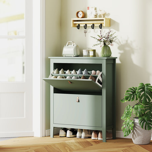 Pantofar cu 2 Sertare Rabatabile pentru 14 Perechi de Pantofi și Rafturi Reglabile, 80x24x95.5 cm, Verde