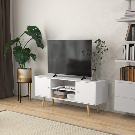 Cabinet TV 55" cu 2 Dulapuri, Uși și 2 Rafturi Deschise, Consolă TV din Lemn și PAL, 120x34x50 cm, Alb