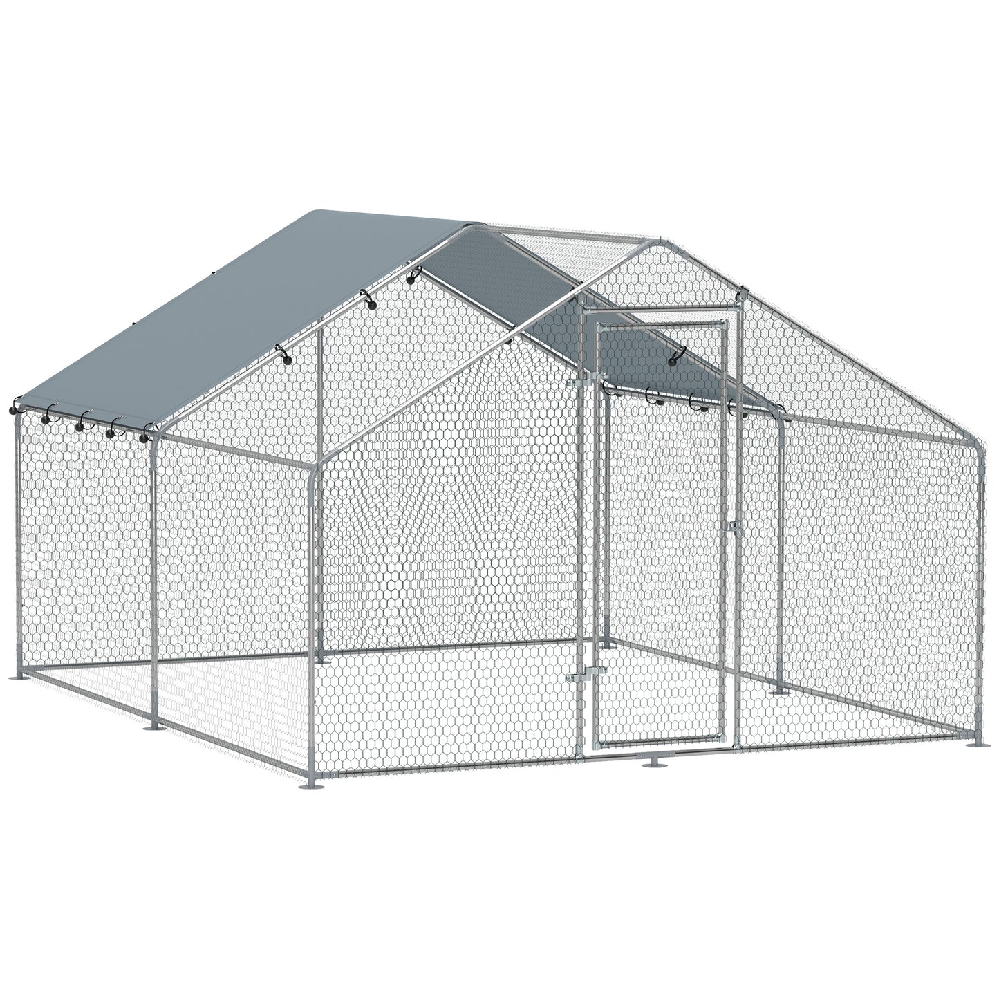 Țarc pentru Găini de 10,2 m² pentru 10-15 Găini cu Acoperiș Impermeabil, din Oțel și Țesătură, 3x3,4x1,9 m, Argintiu