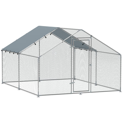 Țarc pentru Găini de 10,2 m² pentru 10-15 Găini cu Acoperiș Impermeabil, din Oțel și Țesătură, 3x3,4x1,9 m, Argintiu