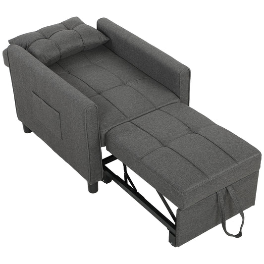 Fotoliu Pat Single 3 în 1 din Material Textil Tip In și Lemn cu Spătar Reclinabil, Pernă, Buzunare, Gri