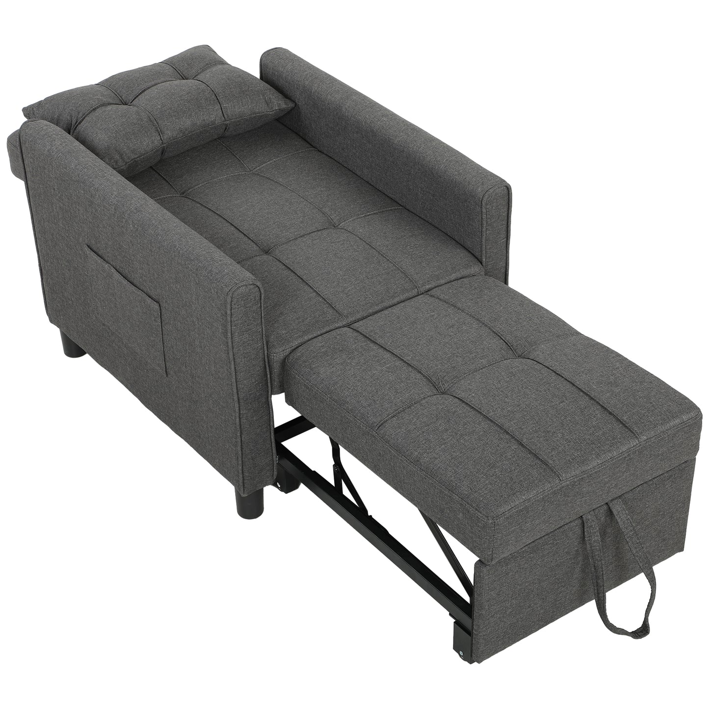 Fotoliu Pat Single 3 în 1 din Material Textil Tip In și Lemn cu Spătar Reclinabil, Pernă, Buzunare, Gri