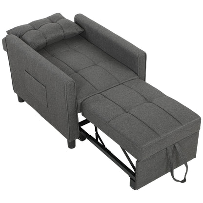 Fotoliu Pat Single 3 în 1 din Material Textil Tip In și Lemn cu Spătar Reclinabil, Pernă, Buzunare, Gri