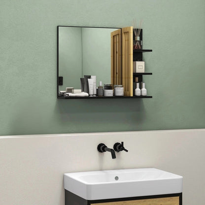 Oglindă de Baie Modernă de Perete cu 4 Rafturi din Lemn, 45x15x58.5cm, Negru