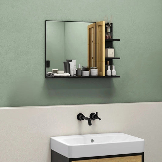 Oglindă de Baie Modernă de Perete cu 4 Rafturi din Lemn, 45x15x58.5cm, Negru