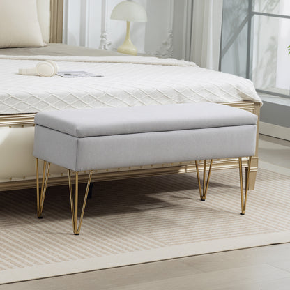 Bancă pentru capătul patului cu spațiu de depozitare, din material textil și picioare din oțel, 100x40x49 cm, gri deschis