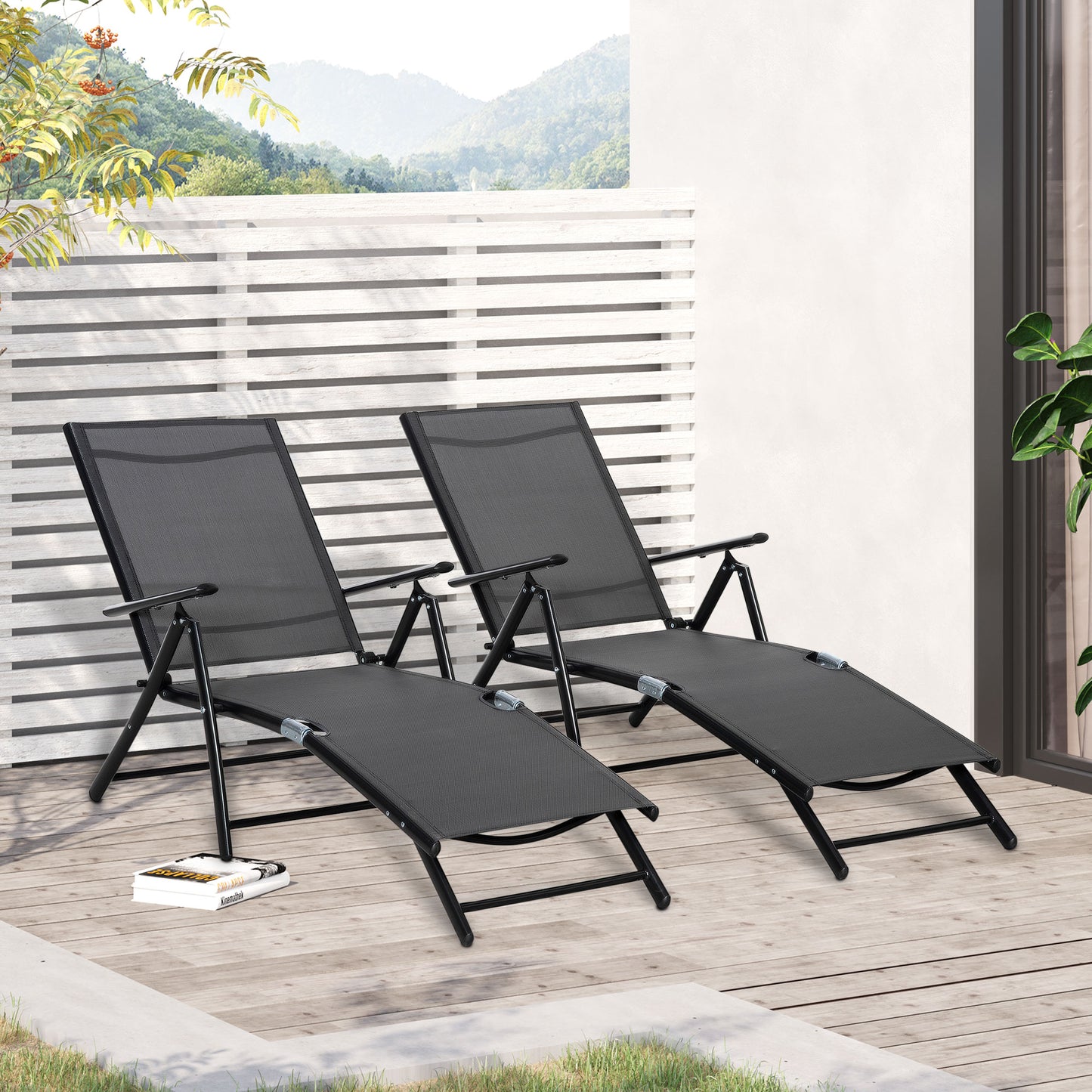 Set 2 Sezloguri de Gradina Pliabile cu Spatar Reglabil in 7 Pozitii, din Aluminiu si Plasa Respirabila, 64x134x95cm, Negru