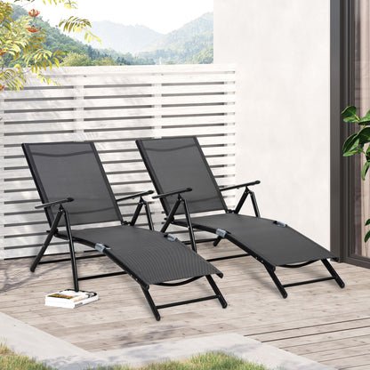 Set 2 Sezloguri de Gradina Pliabile cu Spatar Reglabil in 7 Pozitii, din Aluminiu si Plasa Respirabila, 64x134x95cm, Negru