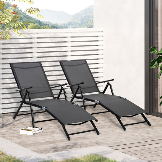 Set 2 Sezloguri de Gradina Pliabile cu Spatar Reglabil in 7 Pozitii, din Aluminiu si Plasa Respirabila, 64x134x95cm, Negru