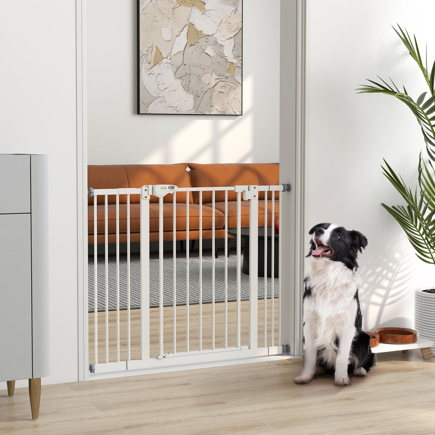 Poartă Extensibilă pentru Câini fără Șuruburi, Poartă de Siguranță Reglabilă cu 2 Extensii, 94-100 cm, Alb
