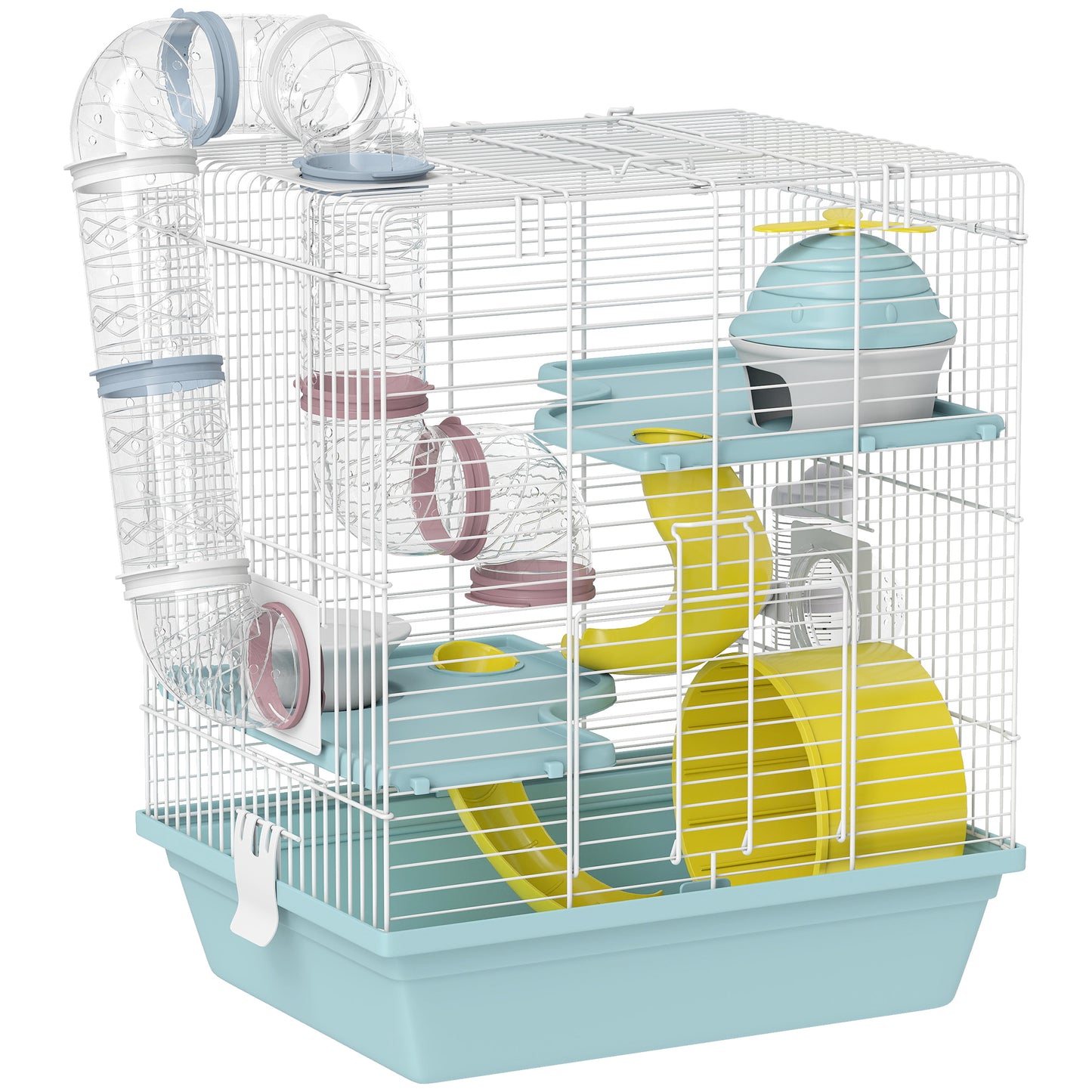 Cușcă pentru Hamsteri pe 3 Niveluri și 12 Tuburi cu Căsuță, Rampă, Boluri, Rezervor de Apă și Tavă Antipicurare, Cușcă pentru Hamsteri din Metal și Plastic, 34.5x27.5x41 cm, Albastru