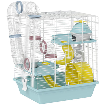 Cușcă pentru Hamsteri pe 3 Niveluri și 12 Tuburi cu Căsuță, Rampă, Boluri, Rezervor de Apă și Tavă Antipicurare, Cușcă pentru Hamsteri din Metal și Plastic, 34.5x27.5x41 cm, Albastru