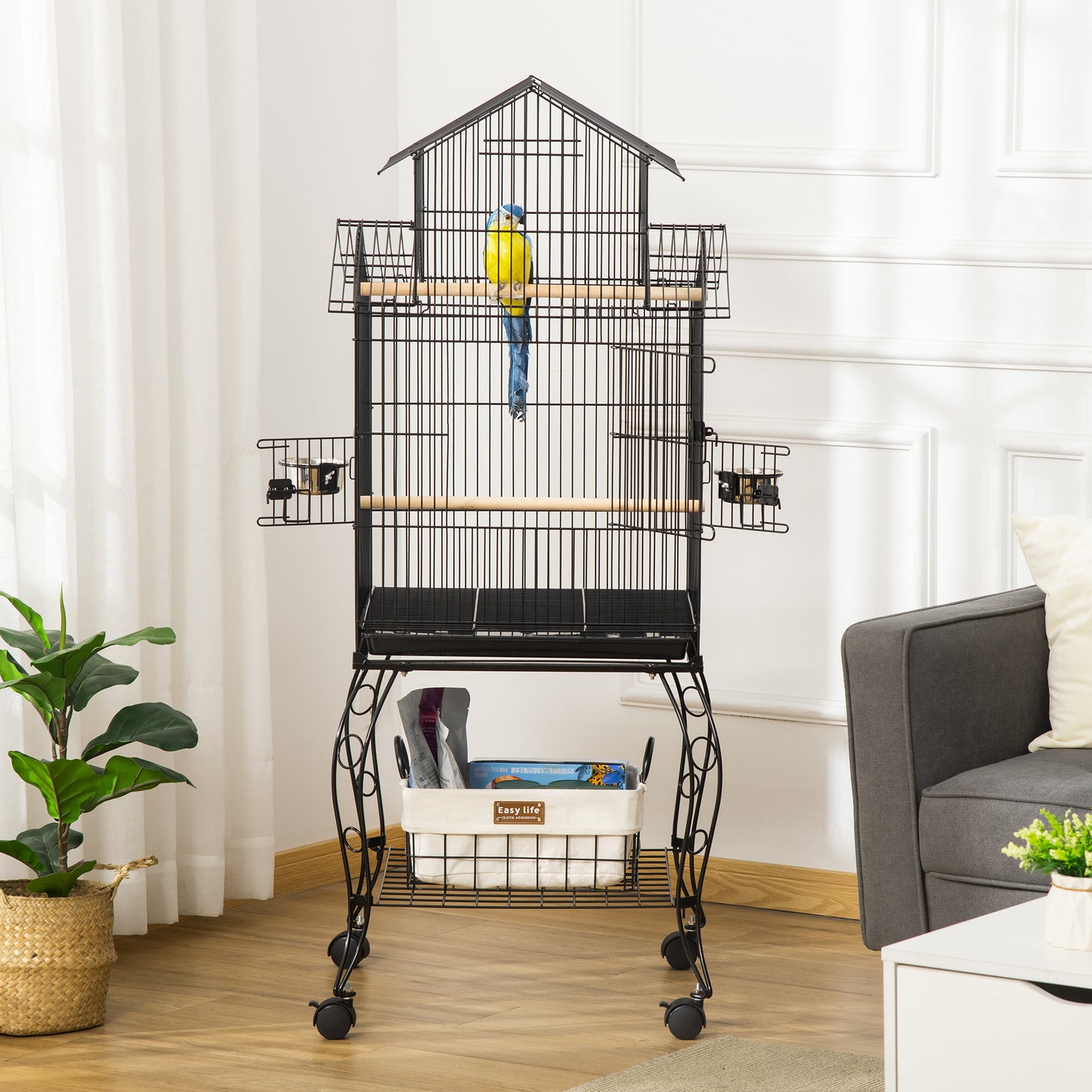 Colivie pentru Pasari pentru Interior din Otel si Lemn cu Tava Detasabila. 4 Roti, Recipient pentru Aliemnte, 51,5x50x140cm, Neagra