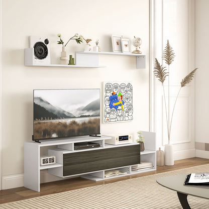 Mobilier TV cu Raft de Perete, Rafturi Deschise și Dulăpior din Lemn, Mobilier TV Modern, 153,6x25x42 cm, Alb