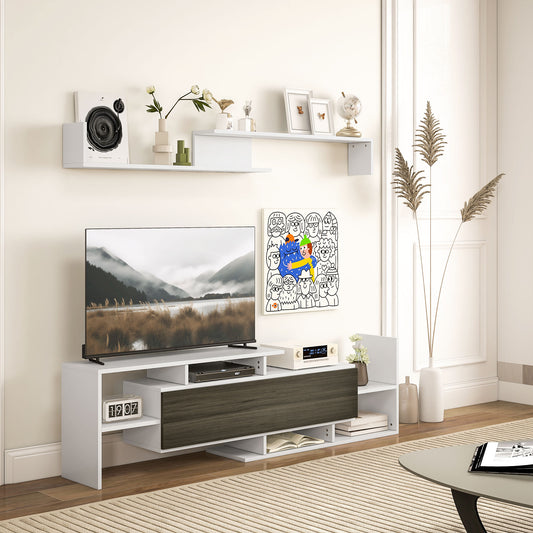 Mobilier TV cu Raft de Perete, Rafturi Deschise și Dulăpior din Lemn, Mobilier TV Modern, 153,6x25x42 cm, Alb