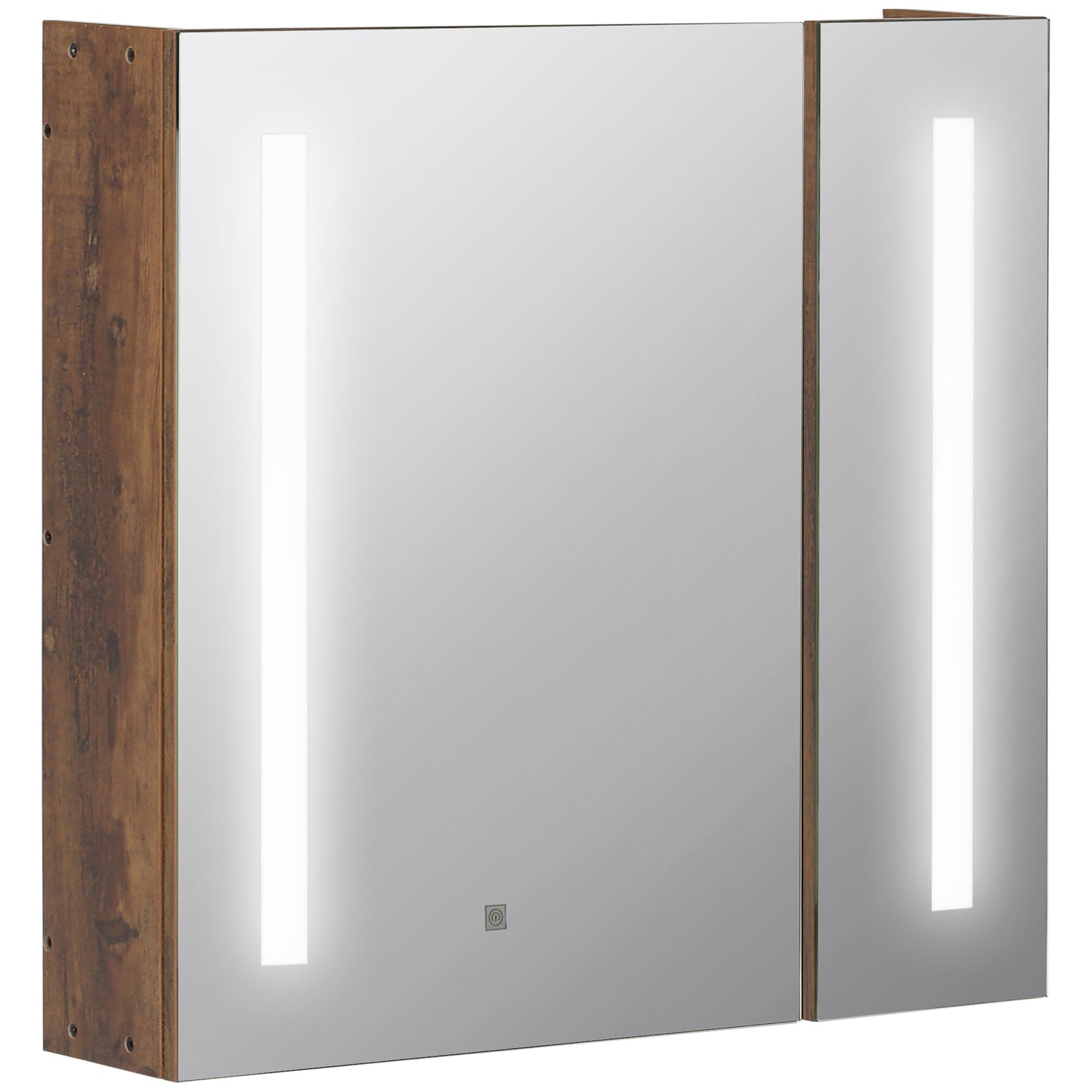 Oglindă de baie cu lumini LED reglabile, 2 uși și raft reglabil, 70x15x65cm, maro