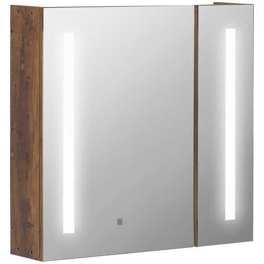Oglindă de baie cu lumini LED reglabile, 2 uși și raft reglabil, 70x15x65cm, maro
