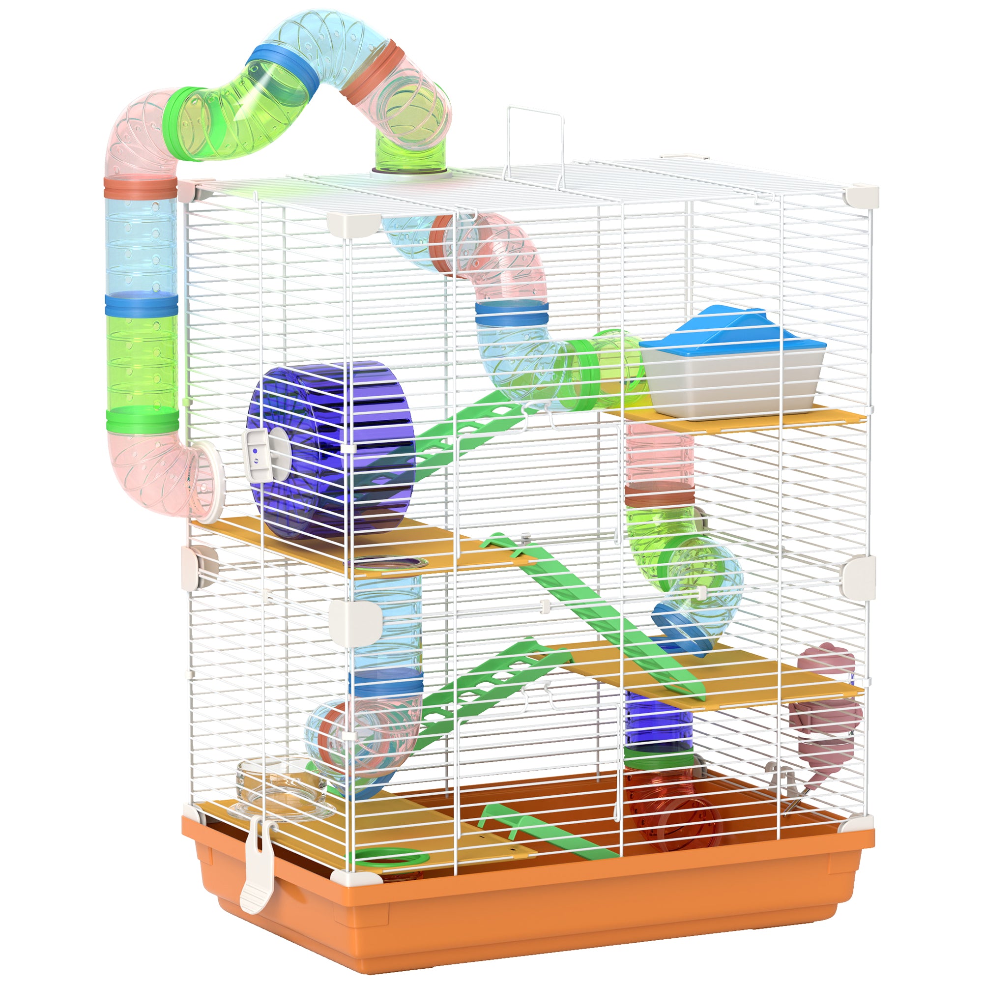 Cușcă pentru Hamsteri pe 5 Nivele cu Tuburi și Roată din Metal și Plastic Albastru
