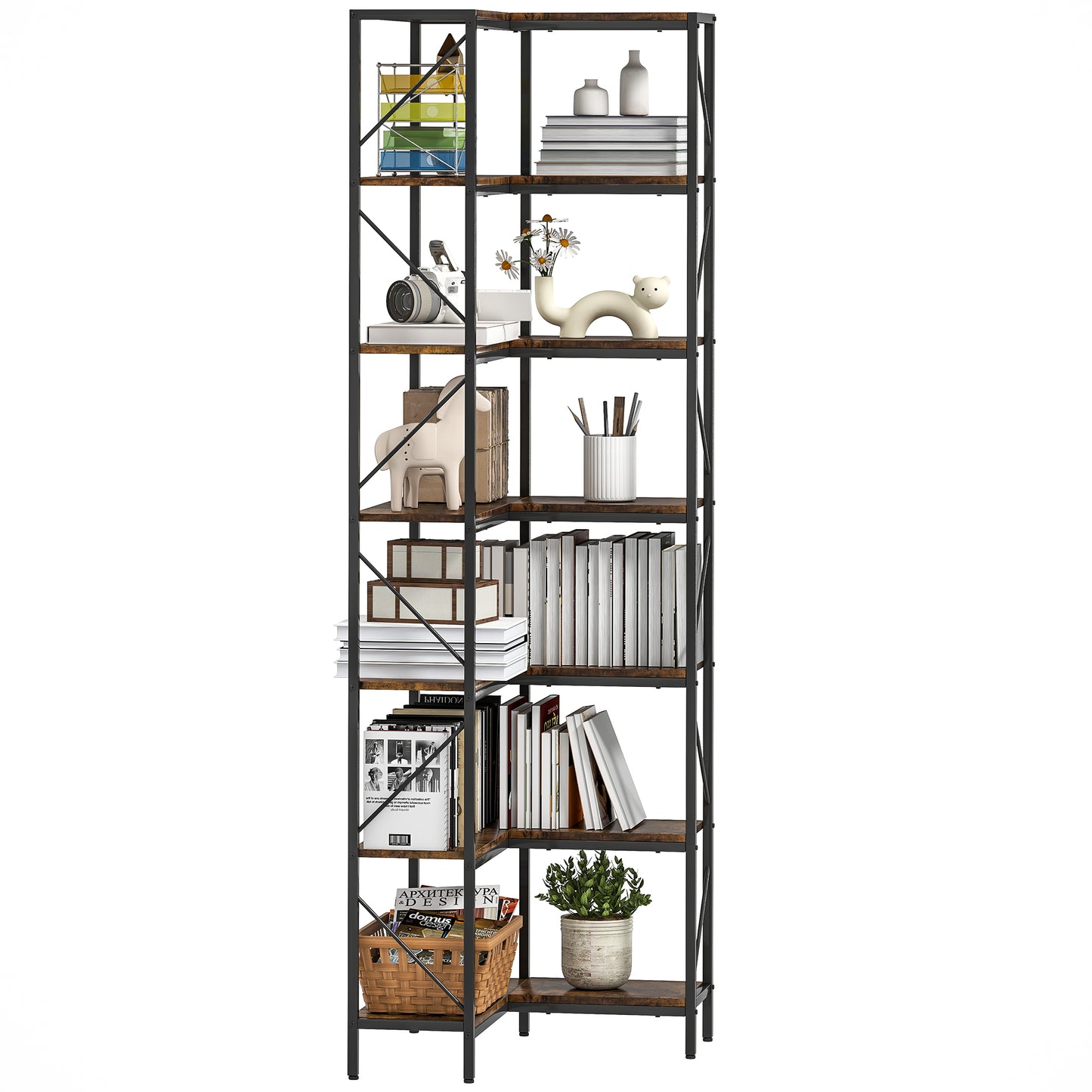 Bibliotecă de Colț Industrială cu 7 Nivele, din Lemn și Oțel, 60x60x198 cm, Maro Rustic