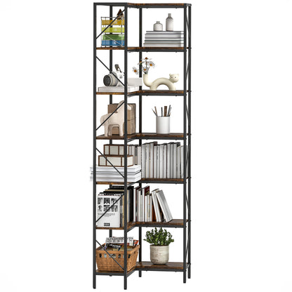 Bibliotecă de Colț Industrială cu 7 Nivele, din Lemn și Oțel, 60x60x198 cm, Maro Rustic