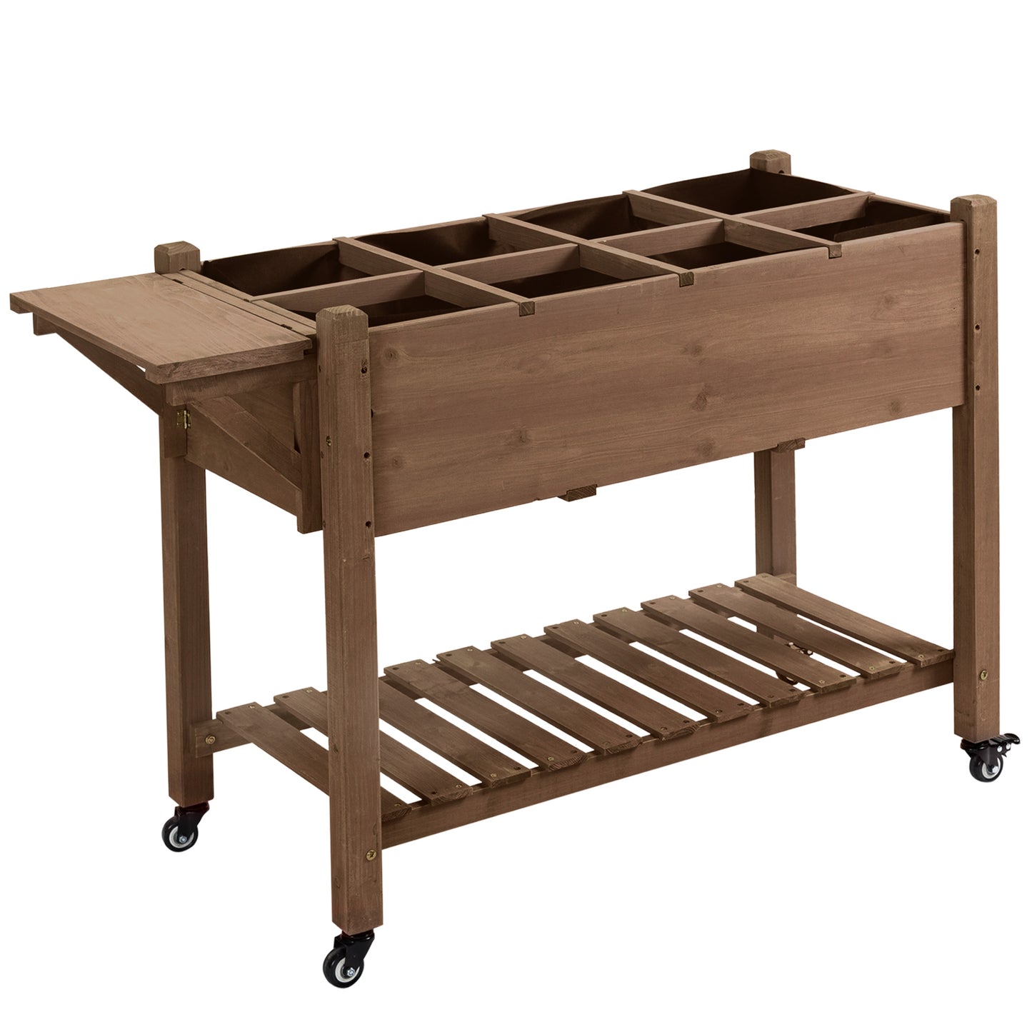 Raised Garden Bed Planter Box w/ 8 Grow Grids, Storage Shelf & Lockable Wheels
