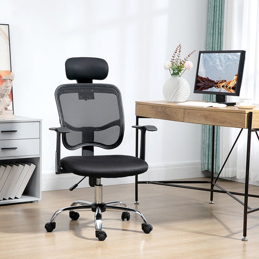 Scaun de Birou Ergonomic  cu Șezut Reglabil și Tetieră, din Poliester și Oțel, 63x62x106-114 cm, Negru