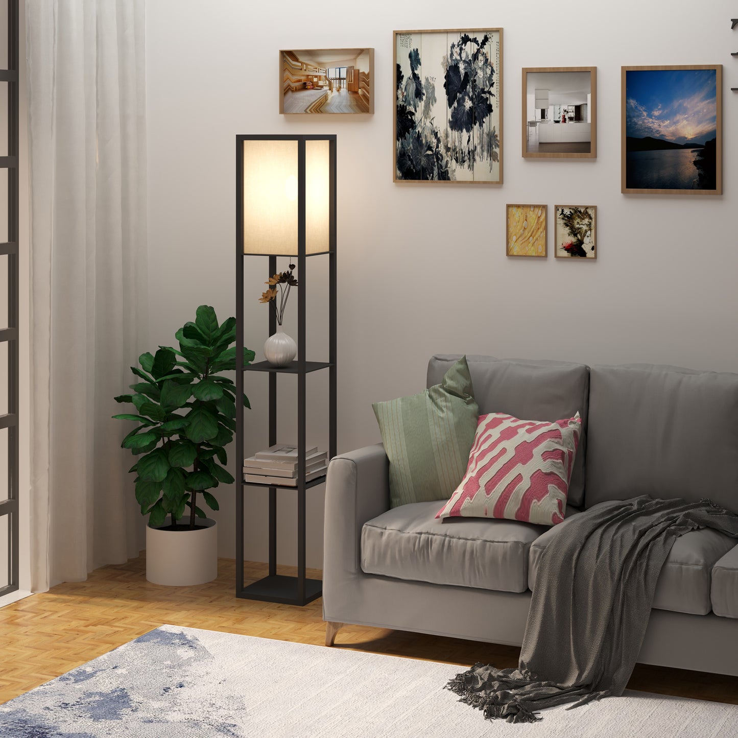 Lampa Pom cu Librarie 3 Niveluri Negru 26 x 26 x 160 cm