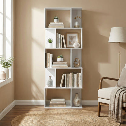Raft pentru Cărți cu 5 Rafturi Separate, Bibliotecă în Formă de S din Lemn, 60x24x184,5 cm, Alb