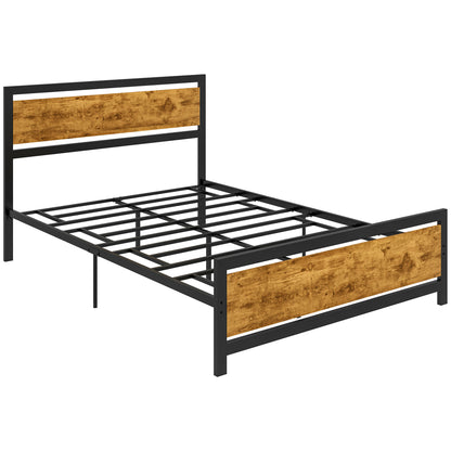 Cadru Pat de o persoana din Lemn si Otel cu Sipci in Stil Industrial, 140x200cm, Negru / Maro Rustic