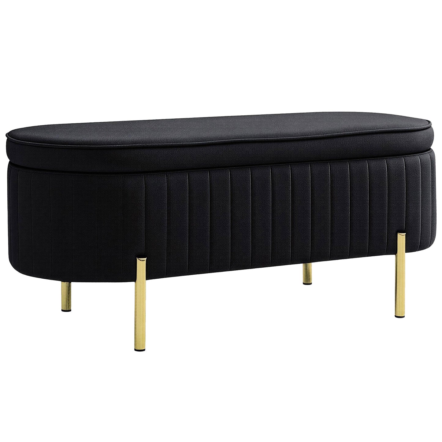 Bancă de Depozitare Ovală 72L cu Capac Rabatabil, din Catifea și Lemn, 108 x 44 x 43,5 cm, Negru