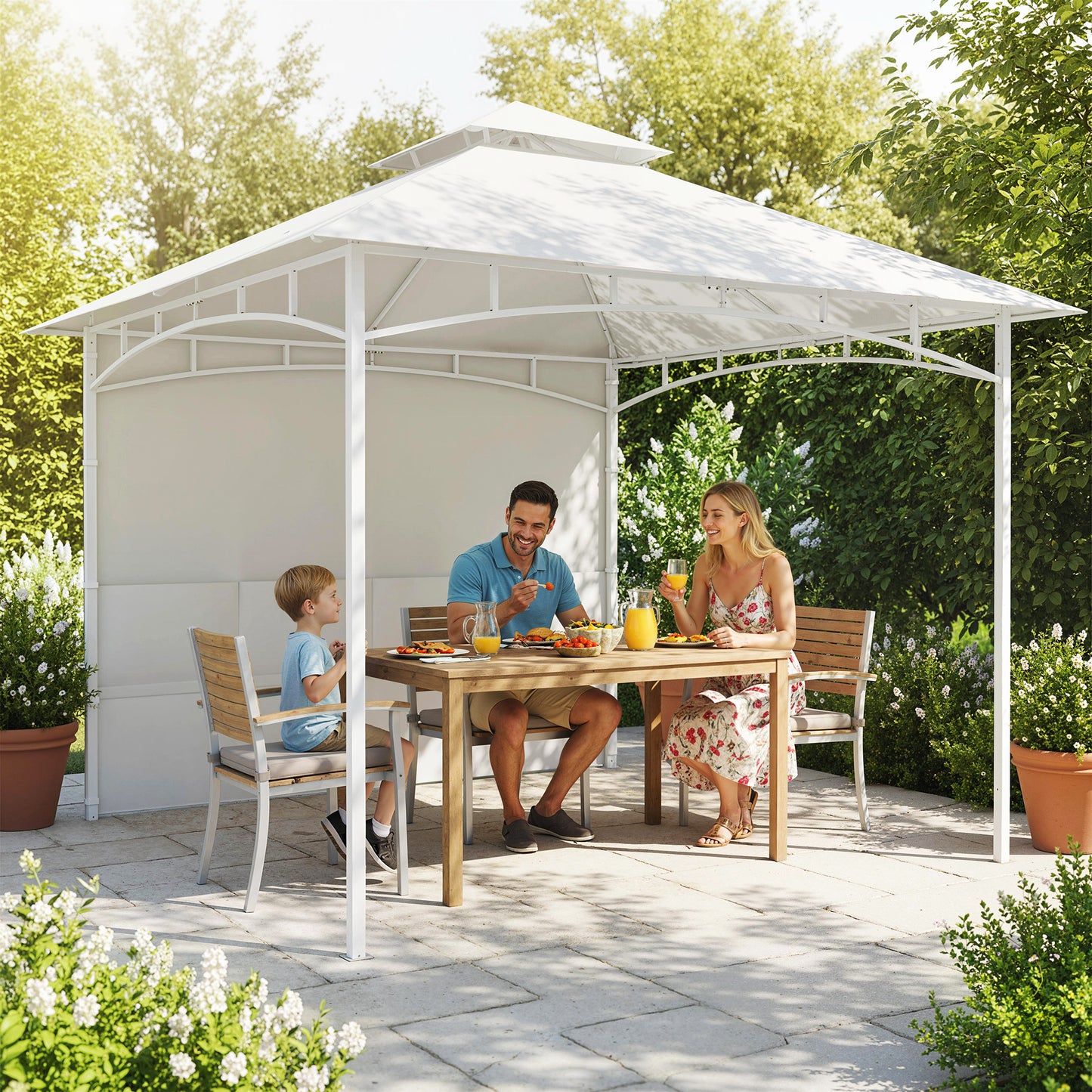 Gazebo de grădină 3x3 m din metal cu perdele, buzunare pentru depozitare și cârlig de tavan, alb crem