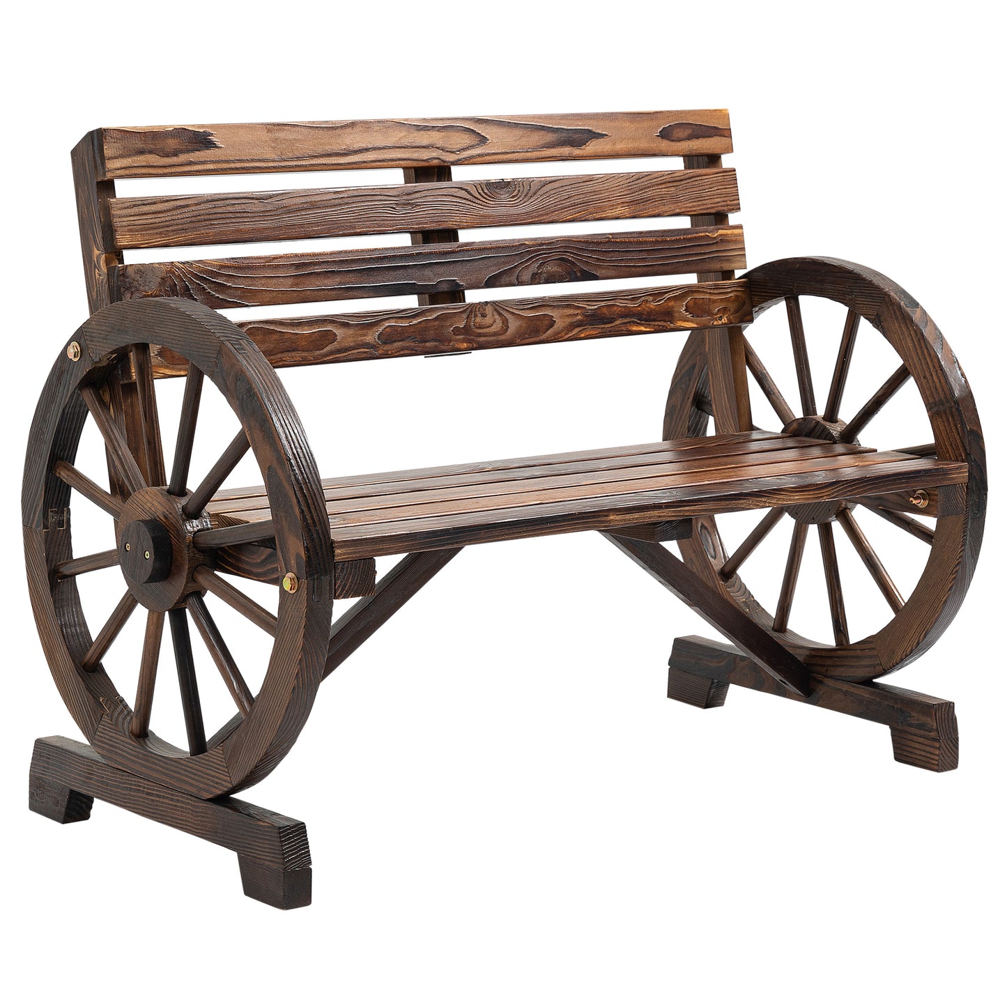 Bancă de grădină cu 2 locuri, șipci din lemn, brațe în formă de roată de căruță, 105,5x56x79 cm, maro ars