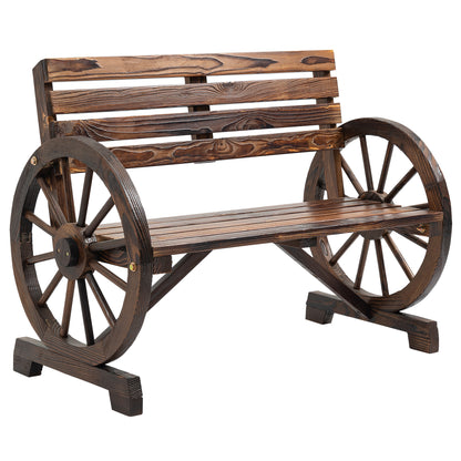 Bancă de grădină cu 2 locuri, șipci din lemn, brațe în formă de roată de căruță, 105,5x56x79 cm, maro ars