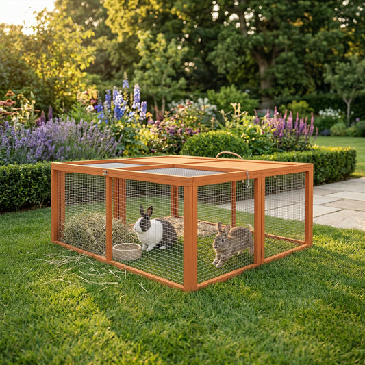 Cușcă pliabilă de exterior pentru 2-3 rozătoare, cu multiple intrări, din lemn și oțel, 110x105x50 cm, portocaliu
