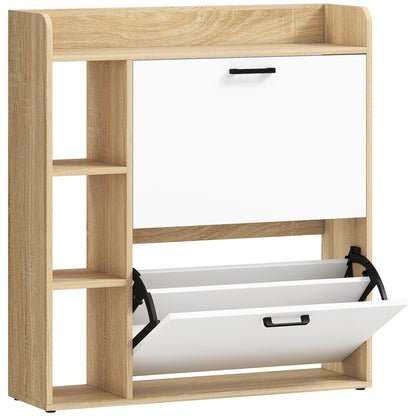 Dulap Slim pentru Pantofi cu 2 Sertare Rabatabile și 3 Compartimente, Capacitate 15 Perechi, 83x24x90,5 cm, Lemn și Alb