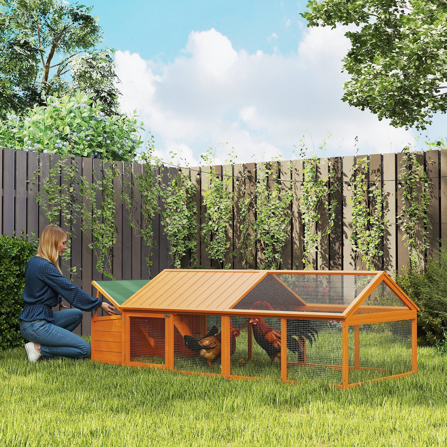 Coteț pentru Găini de Exterior cu Acoperiș Rabatabil și Ușă Largă Pentru 4-8 Găini, 240x112,5x76 cm, Portocaliu