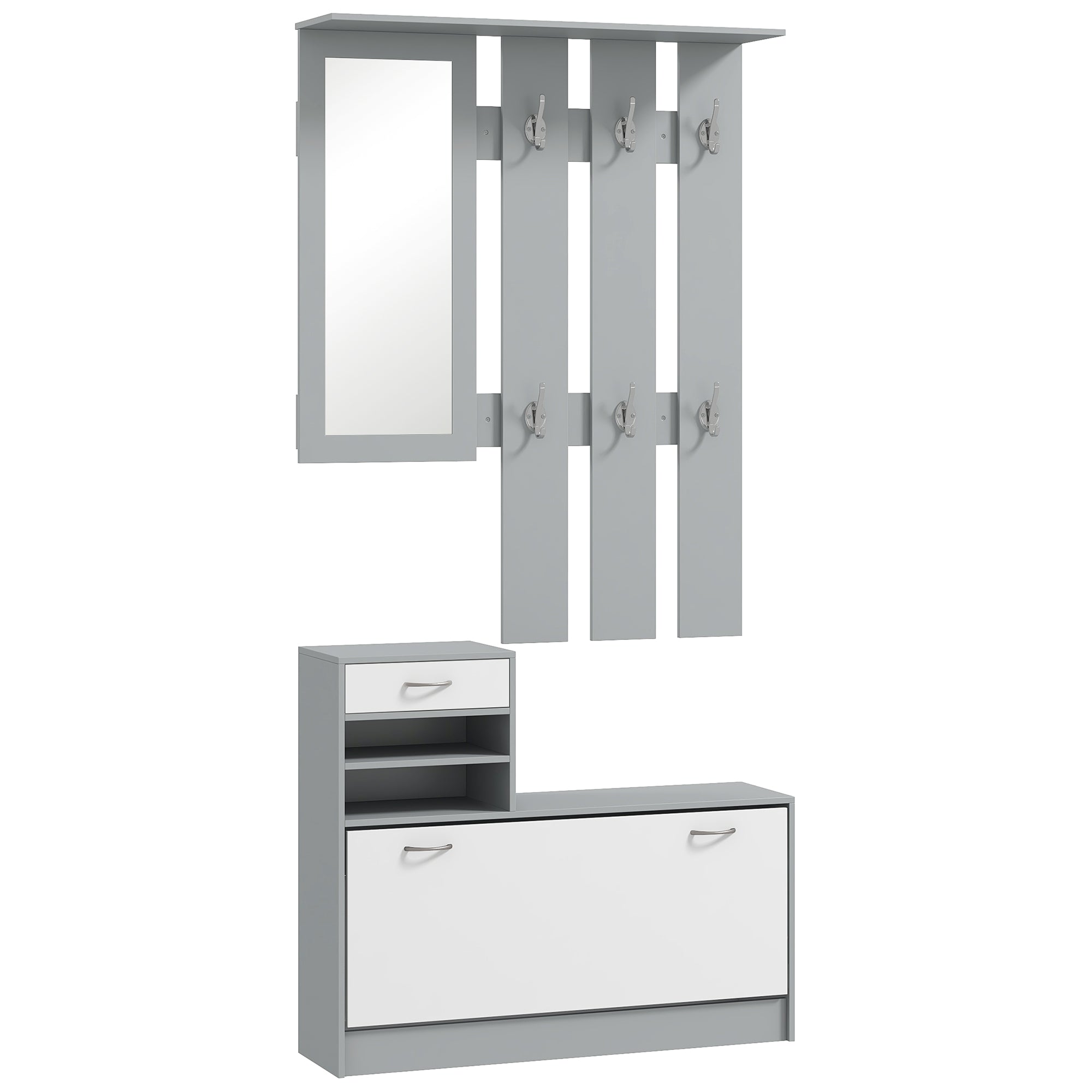 Set de Mobilier pentru Hol cu Raft pentru Pantofi, Oglindă și 2 rafturi Reglabile, 90x24x177 cm, Gri