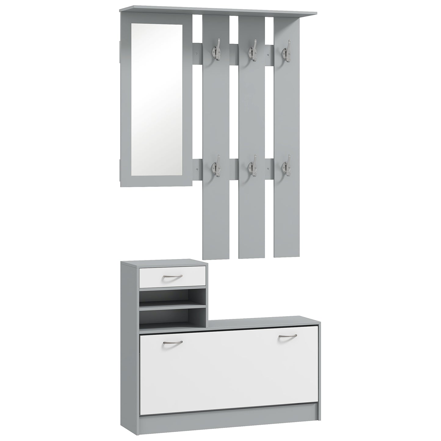 Set de Mobilier pentru Hol cu Raft pentru Pantofi, Oglindă și 2 rafturi Reglabile, 90x24x177 cm, Gri