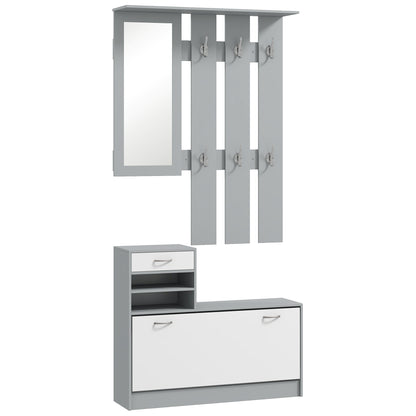 Set de Mobilier pentru Hol cu Raft pentru Pantofi, Oglindă și 2 rafturi Reglabile, 90x24x177 cm, Gri