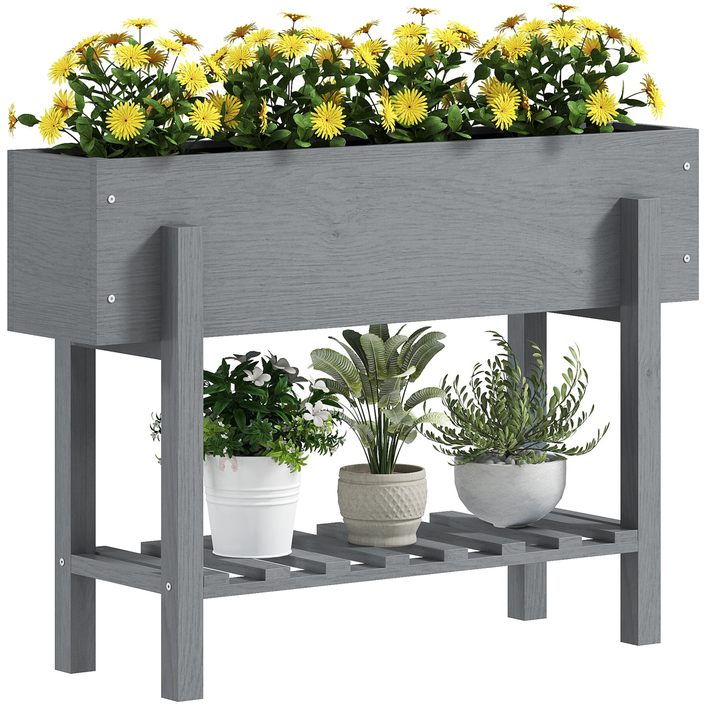 Jardinieră Înălțată cu Raft Inferior și 2 Orificii de Drenaj, din Lemn de Brad, 100x30x70,5 cm, Gri