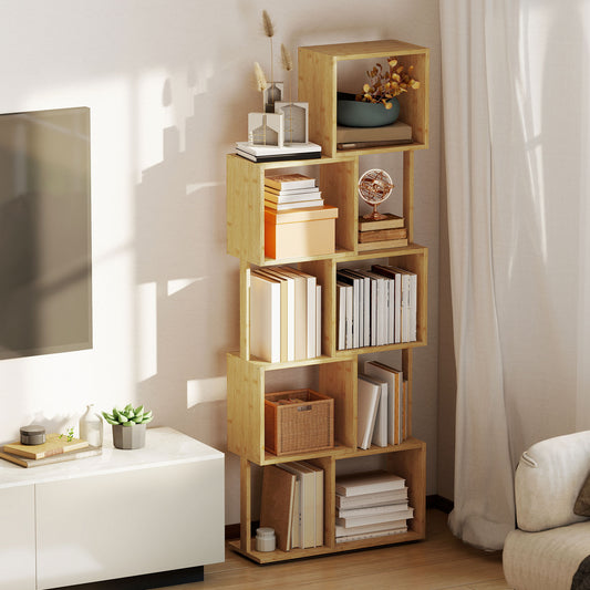 Bibliotecă Modernă Asimetrică cu 5 Rafturi din Bambus, 62,5 x 23 x 165 cm, Culoare Lemn Natural