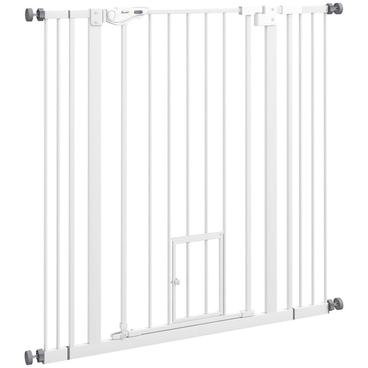 Poartă Reglabilă pentru Câini Înaltă cu Ușă Mică și Închidere Automată, 74-101x104cm, Alb
