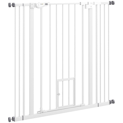 Poartă Reglabilă pentru Câini Înaltă cu Ușă Mică și Închidere Automată, 74-101x104cm, Alb