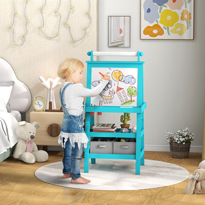 Tablă pentru Copii cu Șevalet 3 în 1, Rolă de Hârtie și 2 Containere, din Lemn, 59x48x118 cm, Albastru