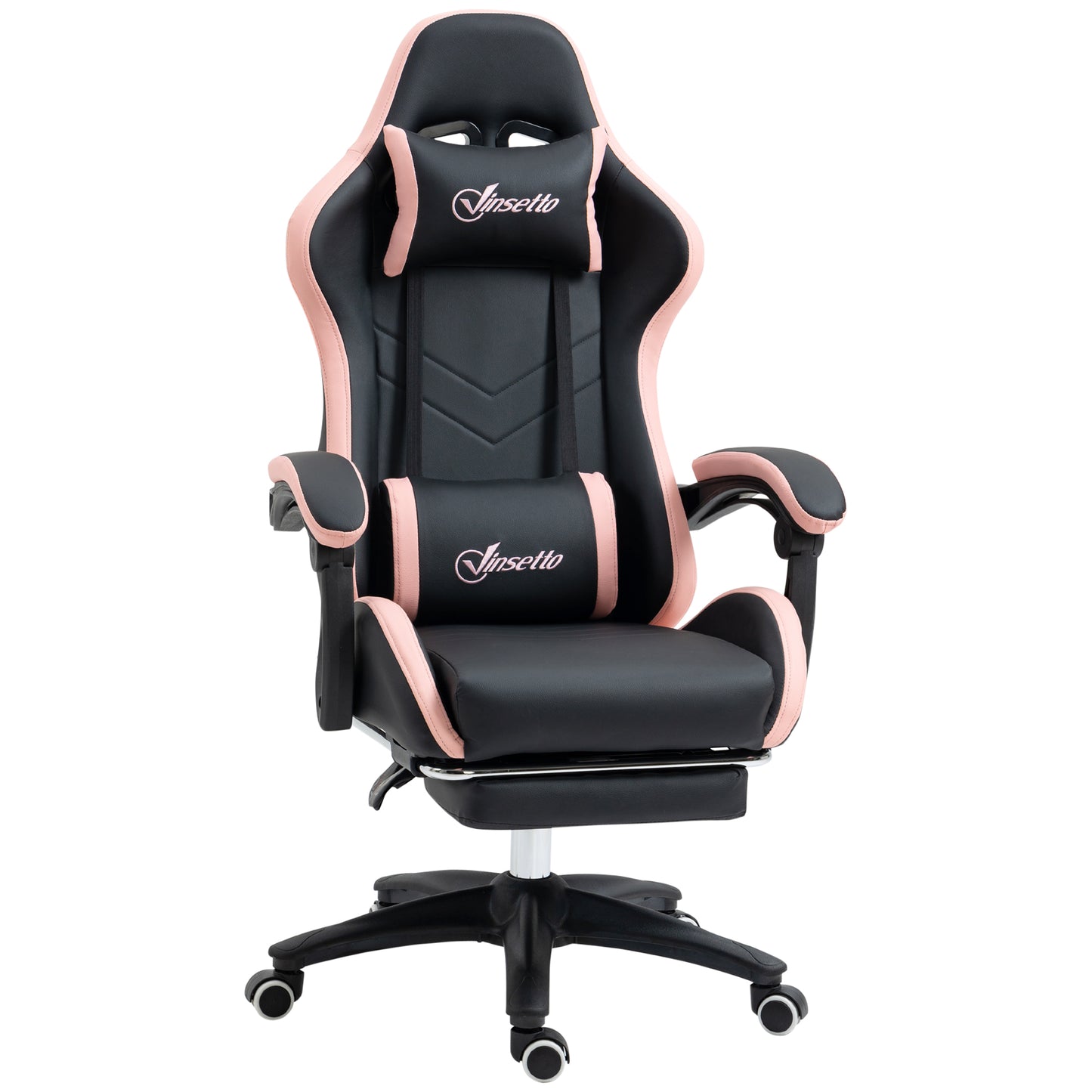 Scaun de gaming din piele ecologica PU si otel pentru dormitor sau camera de zi cu inaltime reglabila si spatar inclinabil, 65x65x121-129 cm, roz si negru